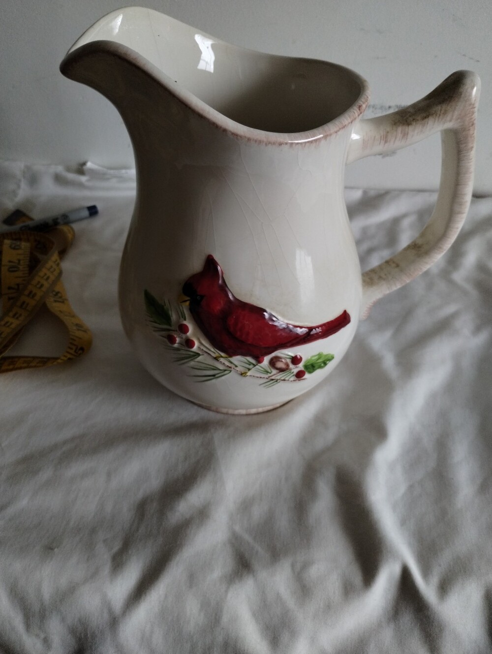 Cream Ceramic Pitcher with Red Cardinal Accent - Decorative Home Accent